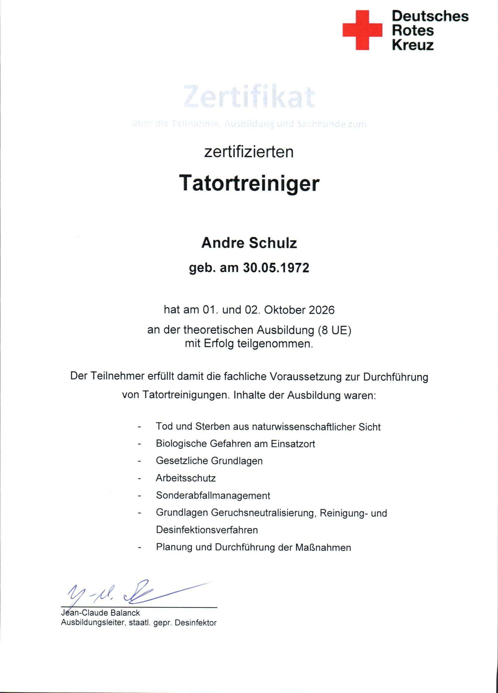 DRK Zertifikat zertifizierter Tatortreiniger – Andre Schulz, Wohnungsauflösung Schulz